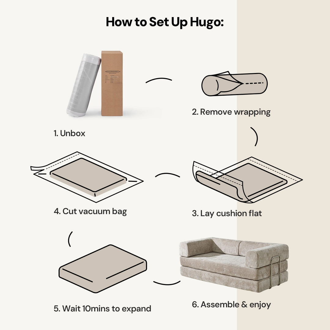 Detailed explanation of how to use the Hugo Convertible Sofa Bed.