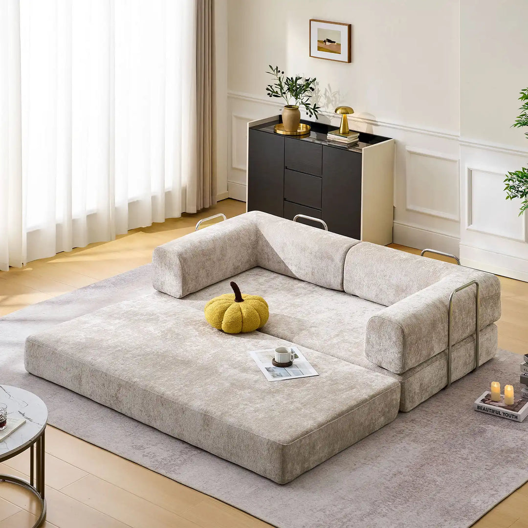 Real-life illustration of the Hugo Convertible Sofa Bed unfolded into a double bed.