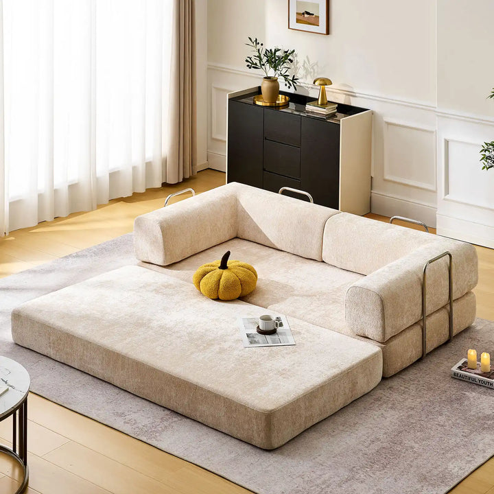 Real-life illustration of the Hugo Convertible Sofa Bed unfolded into a double bed.