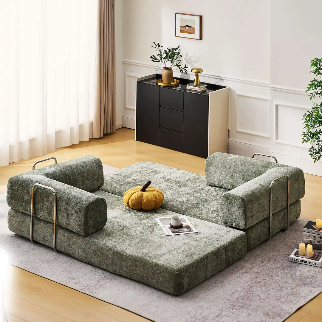 Real-life illustration of the Hugo Convertible Sofa Bed unfolded into a children's play area.