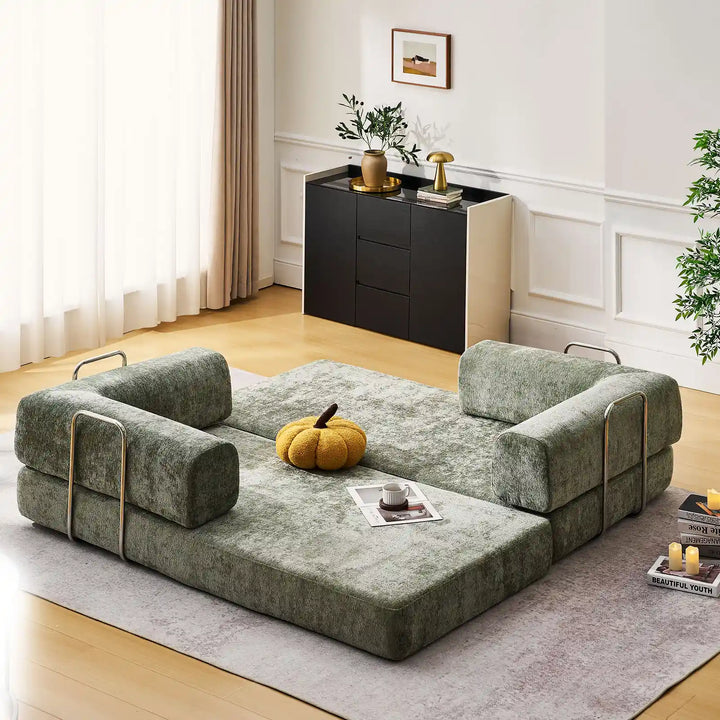 Real-life illustration of the Hugo Convertible Sofa Bed unfolded into a children's play area.