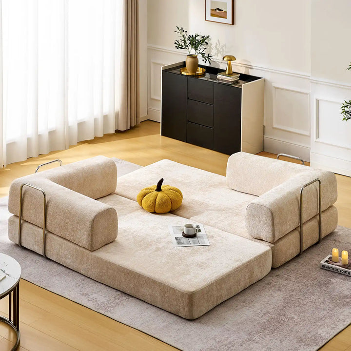 Real-life illustration of the Hugo Convertible Sofa Bed unfolded into a children's play area.