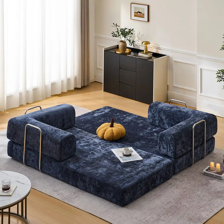 Real-life illustration of the Hugo Convertible Sofa Bed unfolded into a children's play area.