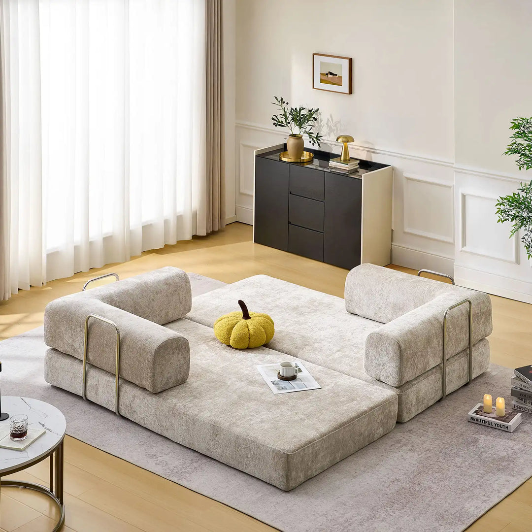 Real-life illustration of the Hugo Convertible Sofa Bed unfolded into a children's play area.