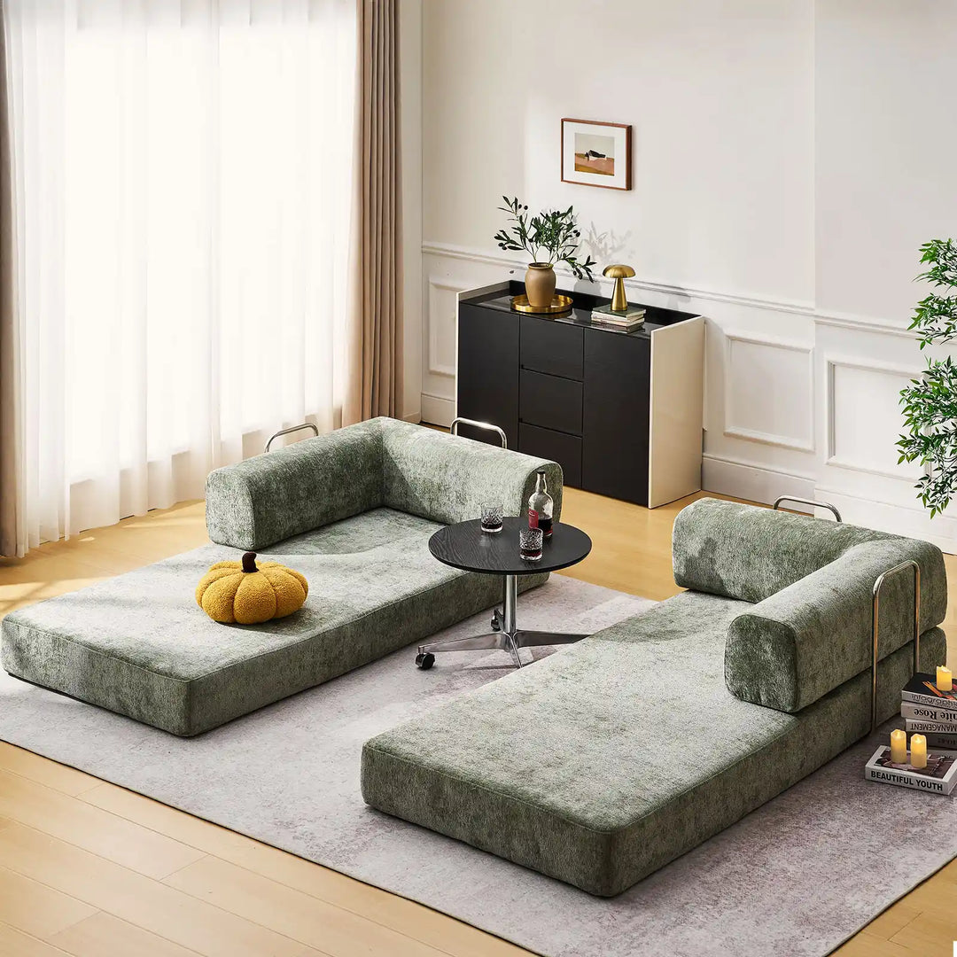 Real-life illustration of the Hugo Convertible Sofa Bed unfolded into two single beds.