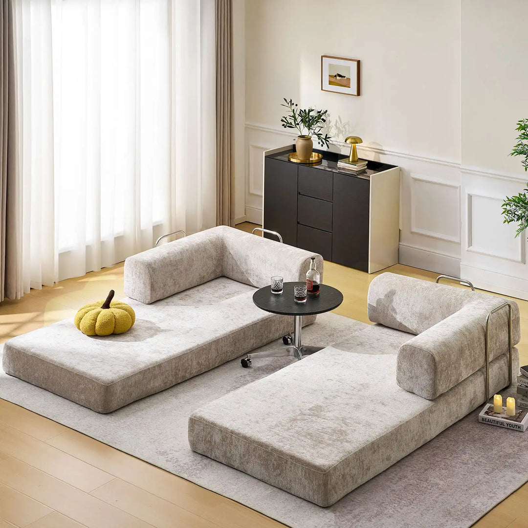 Real-life illustration of the Hugo Convertible Sofa Bed unfolded into two single beds.