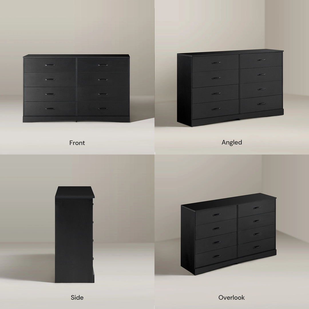 Full 360-degree view in white background of Kamai black chest of drawers.