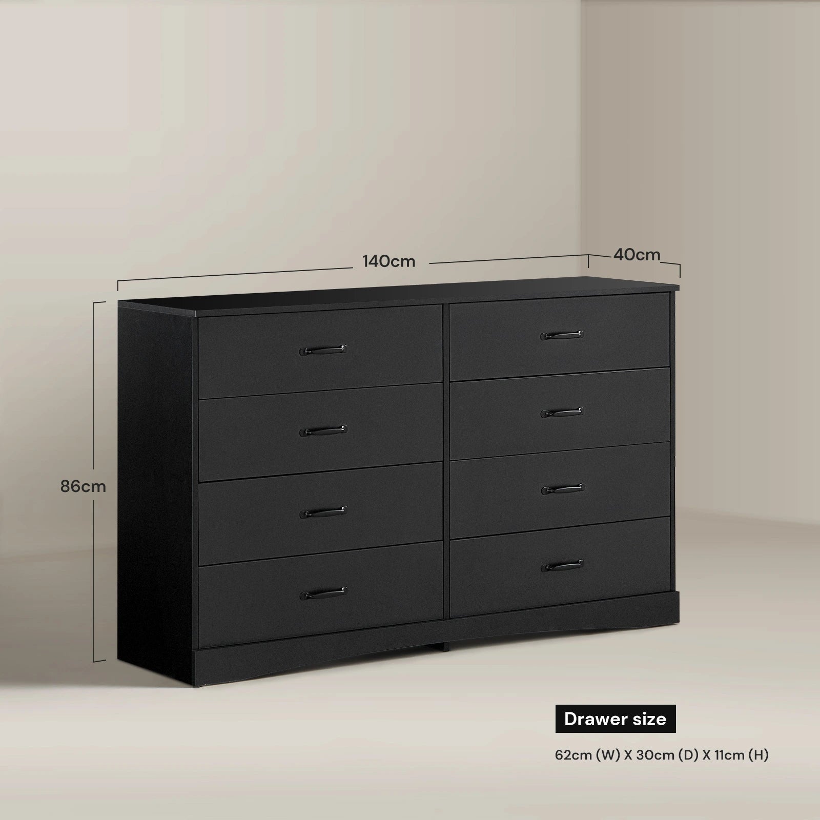 Kamai black chest of drawers with dimension markings on white background