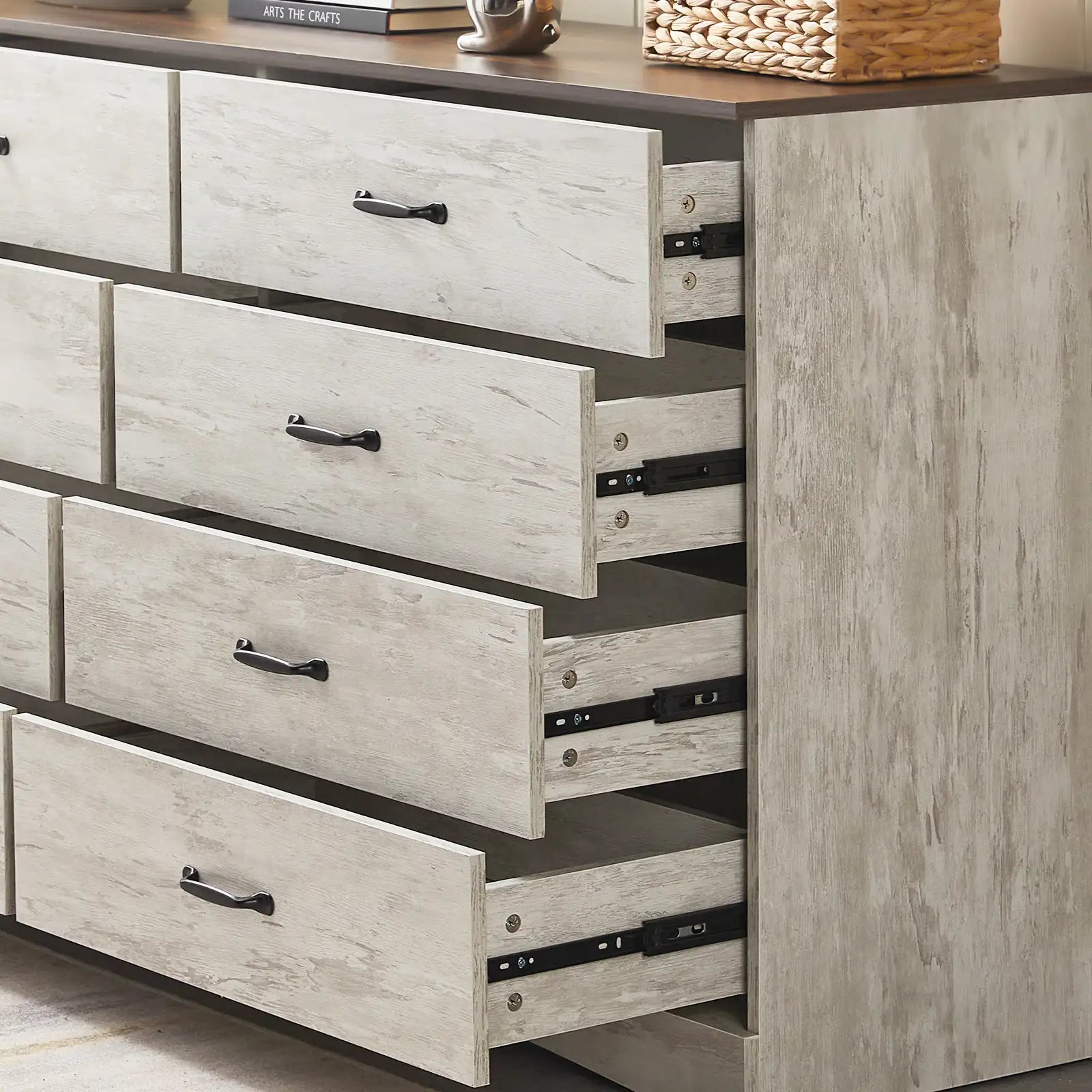 Details of the Kamai Chest of Drawers, showing the open status of the drawers with smooth glides. 