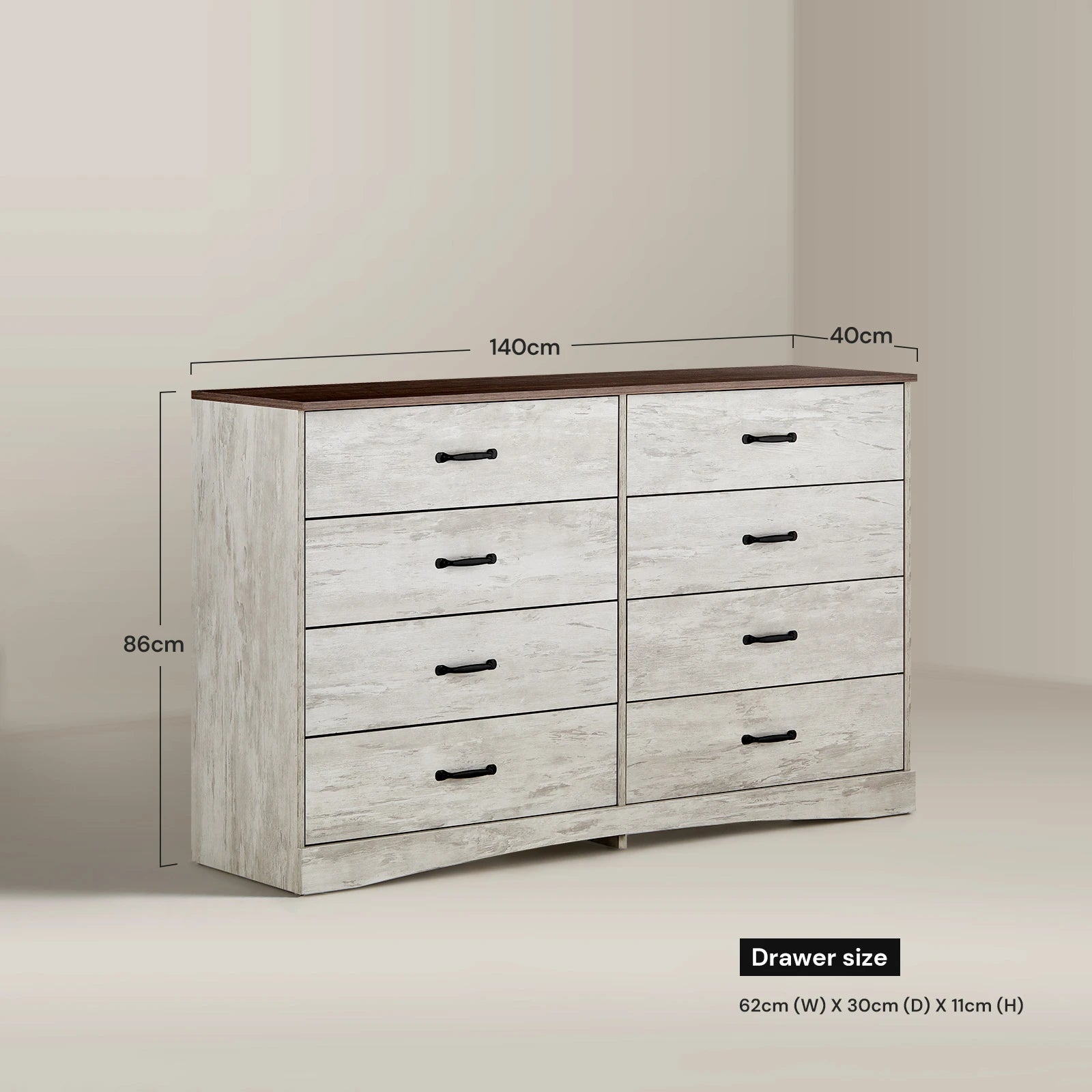 Dimensions of the Kamai Chest of Drawers, 8 drawer chest of drawers. overall size (cm): 140W x 40D x 86H; drawer size (cm): 62W x 30 D x 11H.