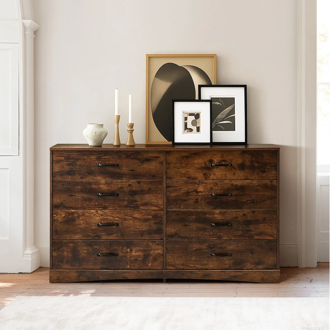 Kamai chest of drawers in bright bedroom, 140cm top surface displays photo frame, candle, vase and decor pieces.