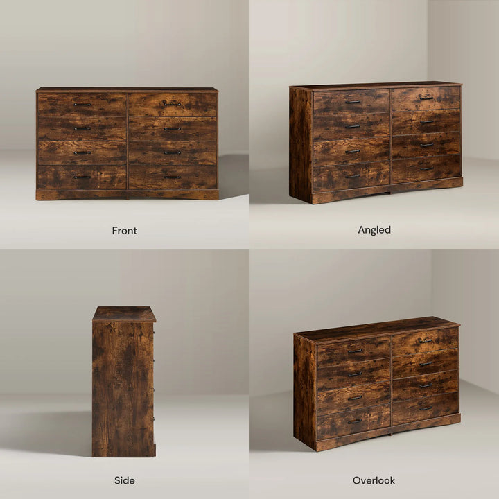 Full 360-degree view in white background of Kamai rust brown chest of drawers.