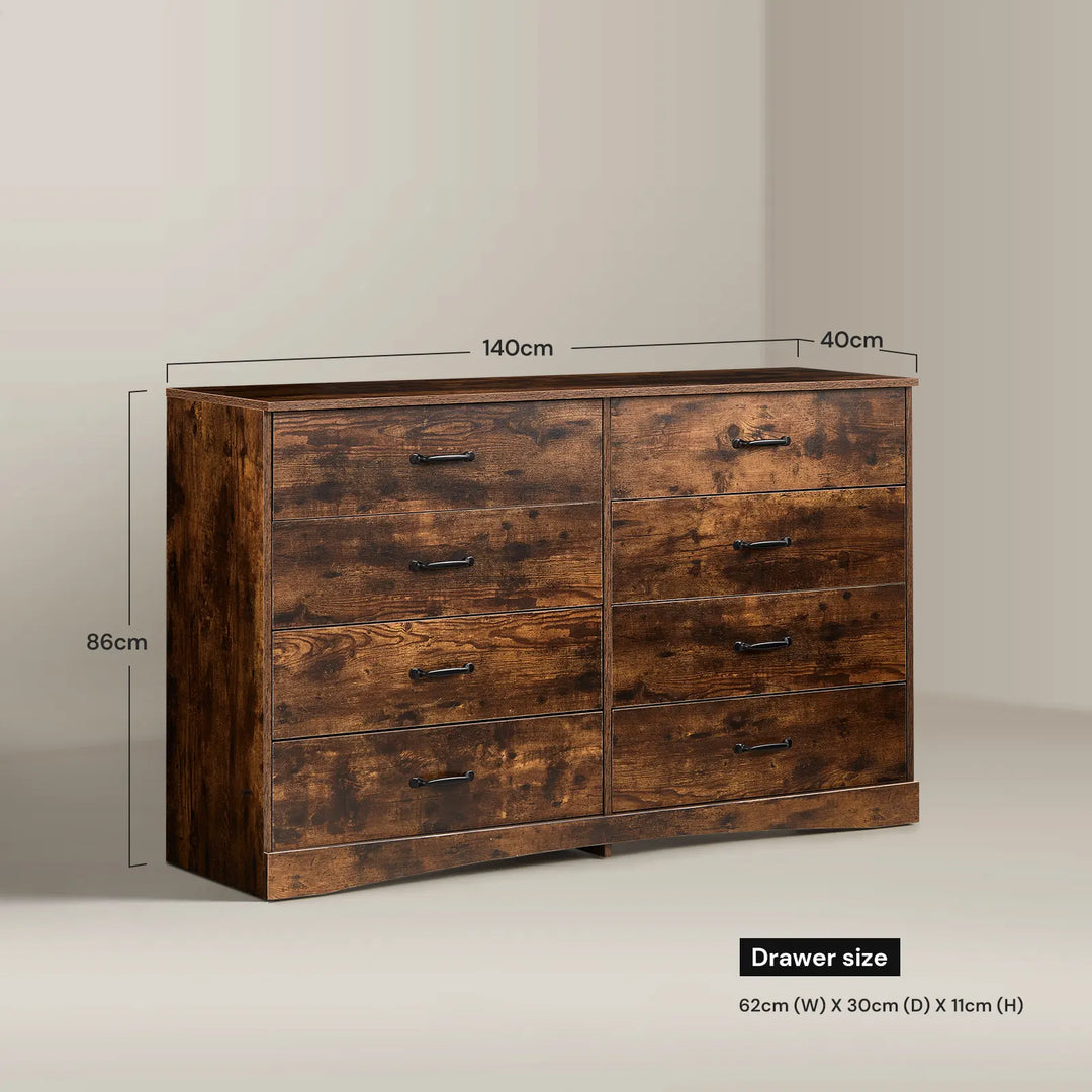Kamai rust brown chest of drawers with dimension markings on white background