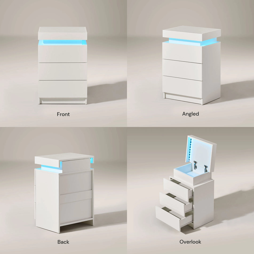 The different angles of the Kumar Bedside Table, featuring a light strip, high gloss finish, 3 drawers, and a top storage part, in white backgrounds.