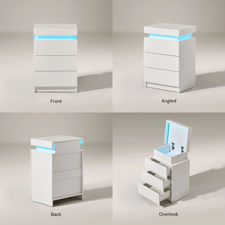 The different angles of the Kumar Bedside Table, featuring a light strip, high gloss finish, 3 drawers, and a top storage part, in white backgrounds.