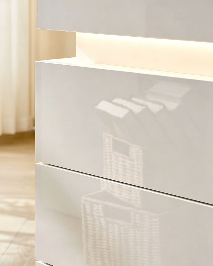 Close-up of white Kumar bedside table high gloss tabletop with smooth reflective finish