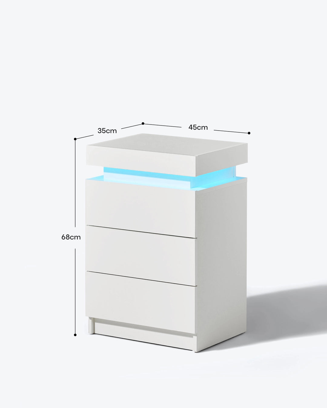 Dimensions of Kumar white LED bedside table with storage drawers, lift-top compartment and LED lighting