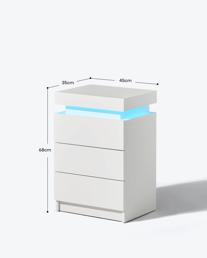 Dimensions of Kumar white LED bedside table with storage drawers, lift-top compartment and LED lighting