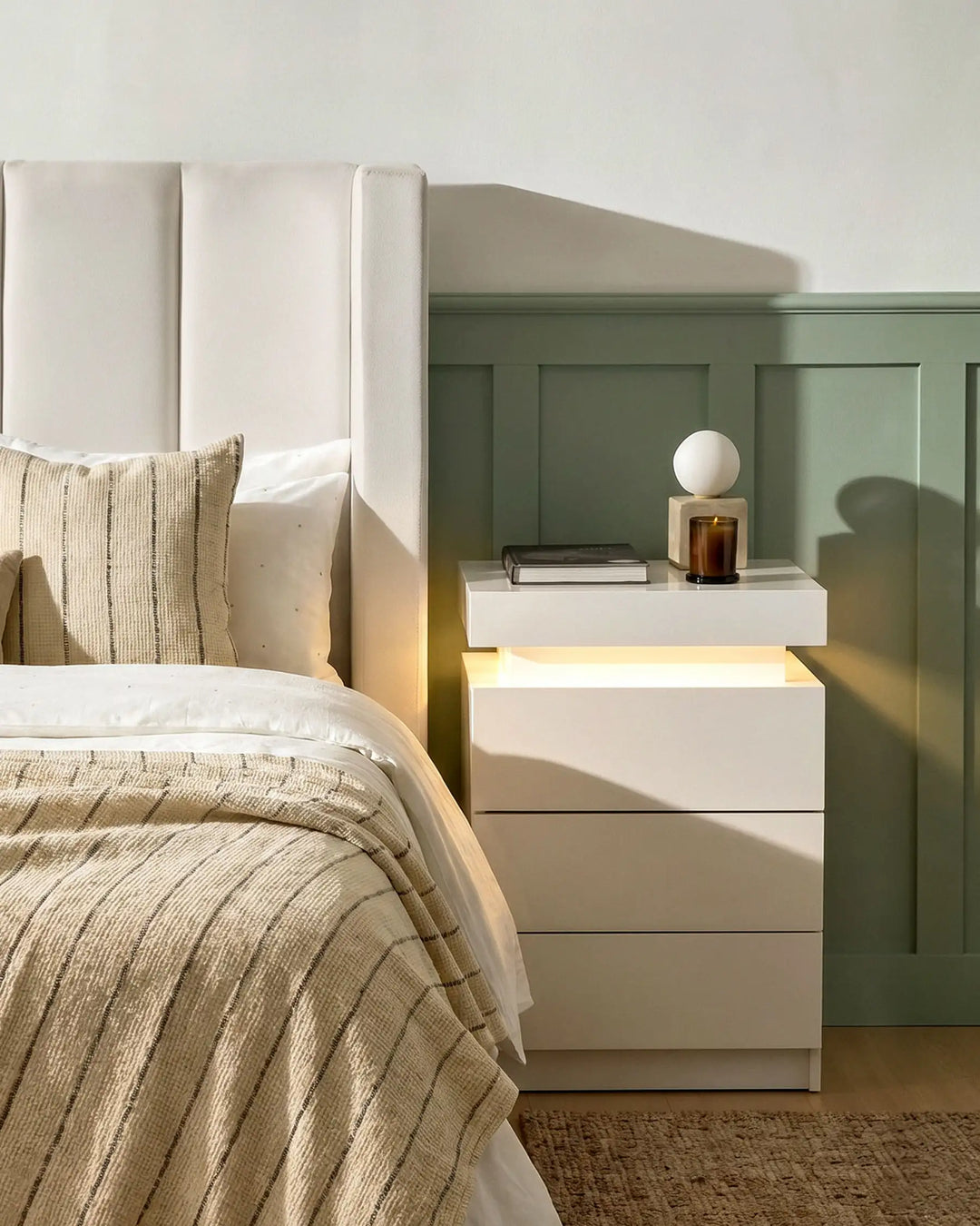 Front view of white Kumar LED bedside table with integrated warm LED light, high gloss bedside cabinet in a modern bedroom