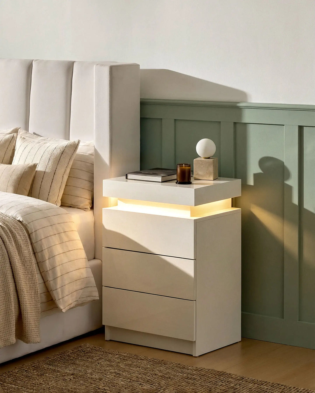 White Kumar LED bedside table with warm ambient lighting beside a bed, modern LED nightstand for stylish bedrooms