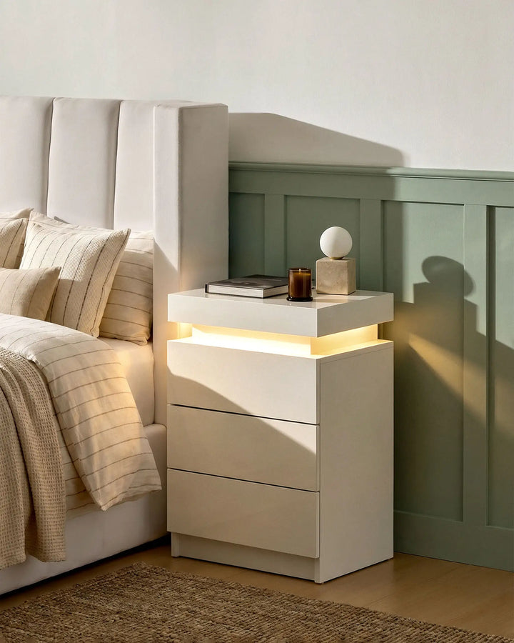 White Kumar LED bedside table with warm ambient lighting beside a bed, modern LED nightstand for stylish bedrooms