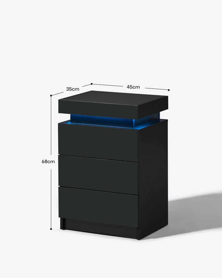 Dimensions of Kumar black LED bedside table with storage drawers and lift-top compartment