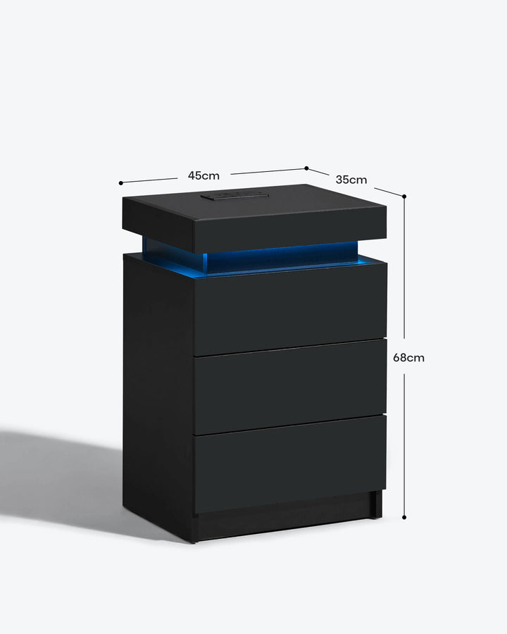 Size chart for the black nightstand featuring a blue RGB light effect.