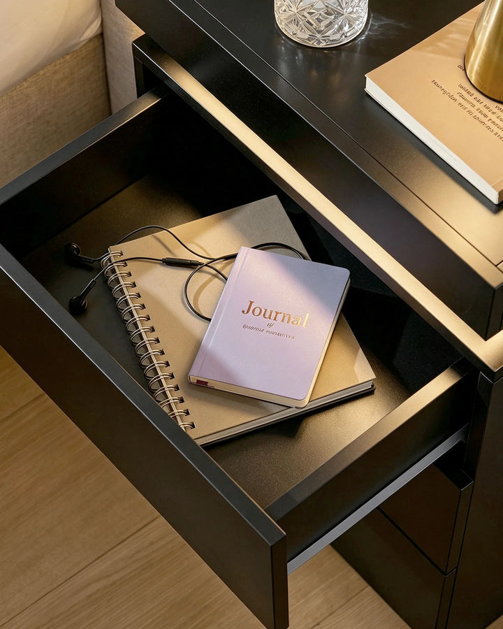 Detailed shot of the open black drawer showing storage depth and smooth runners.