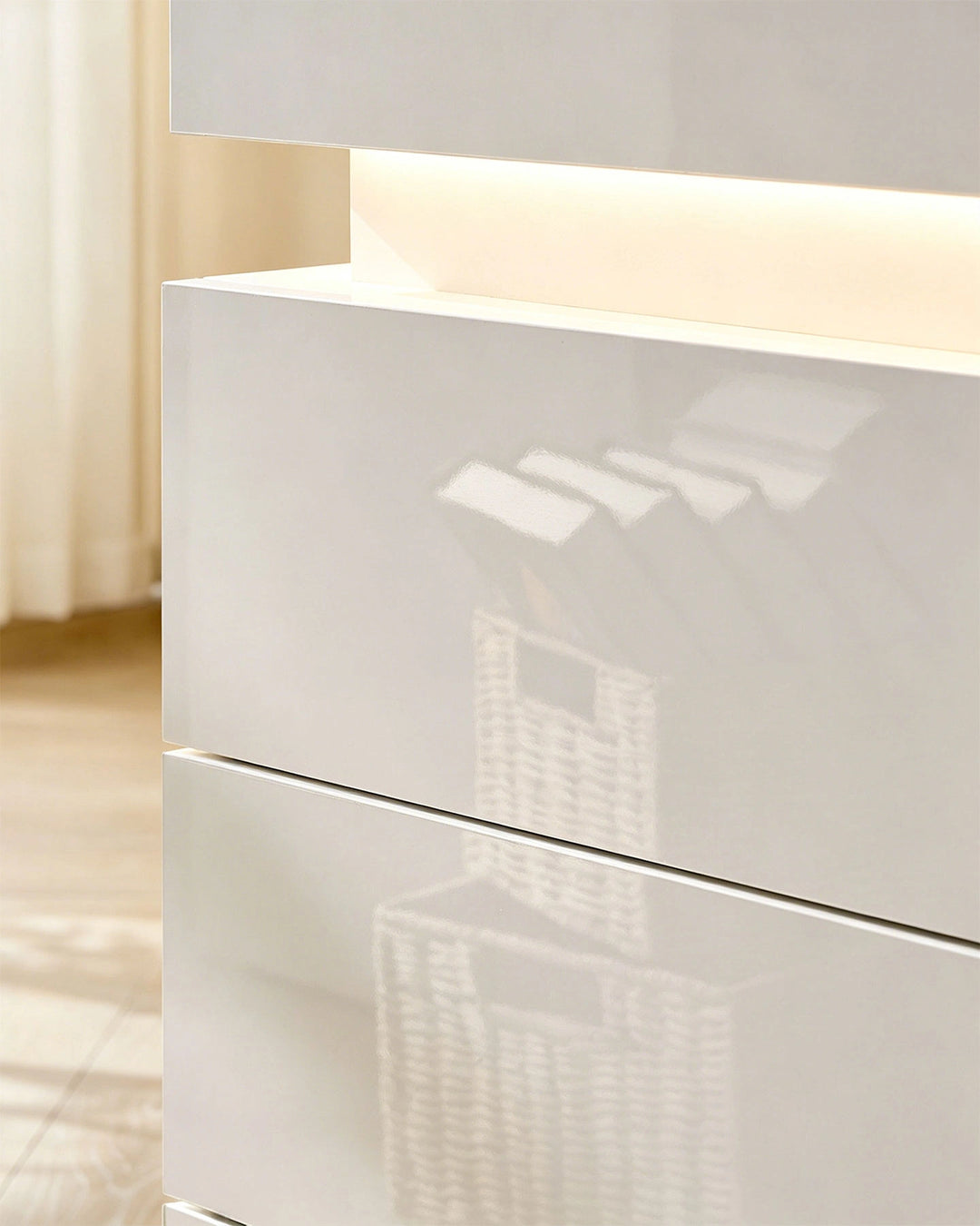 Close-up showcasing the premium reflective high gloss surface of the white smart table.
