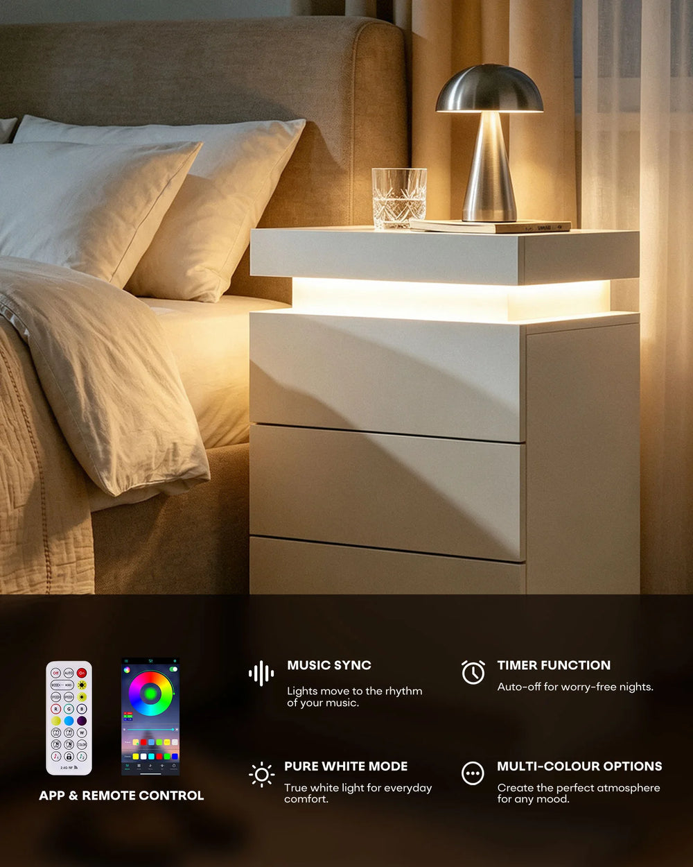Infographic showing the remote control and RGB lighting features of the white smart nightstand.