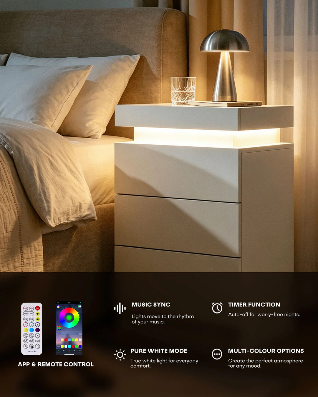 Infographic showing the remote control and RGB lighting features of the white smart nightstand.
