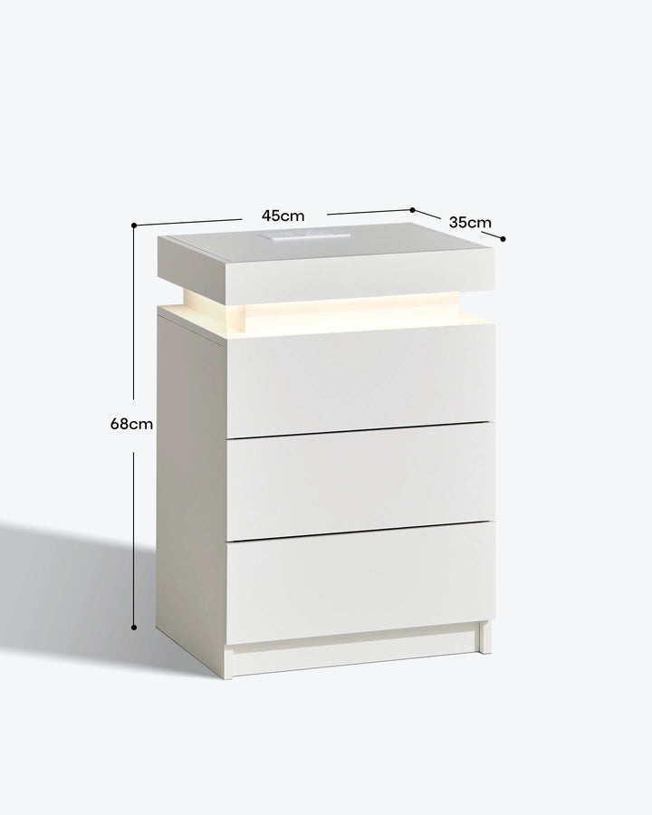 Dimension diagram for the white 3-drawer smart nightstand showing height and width.