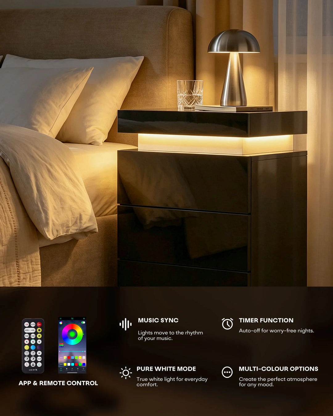 Feature infographic for the black nightstand showing RGB modes and storage options.