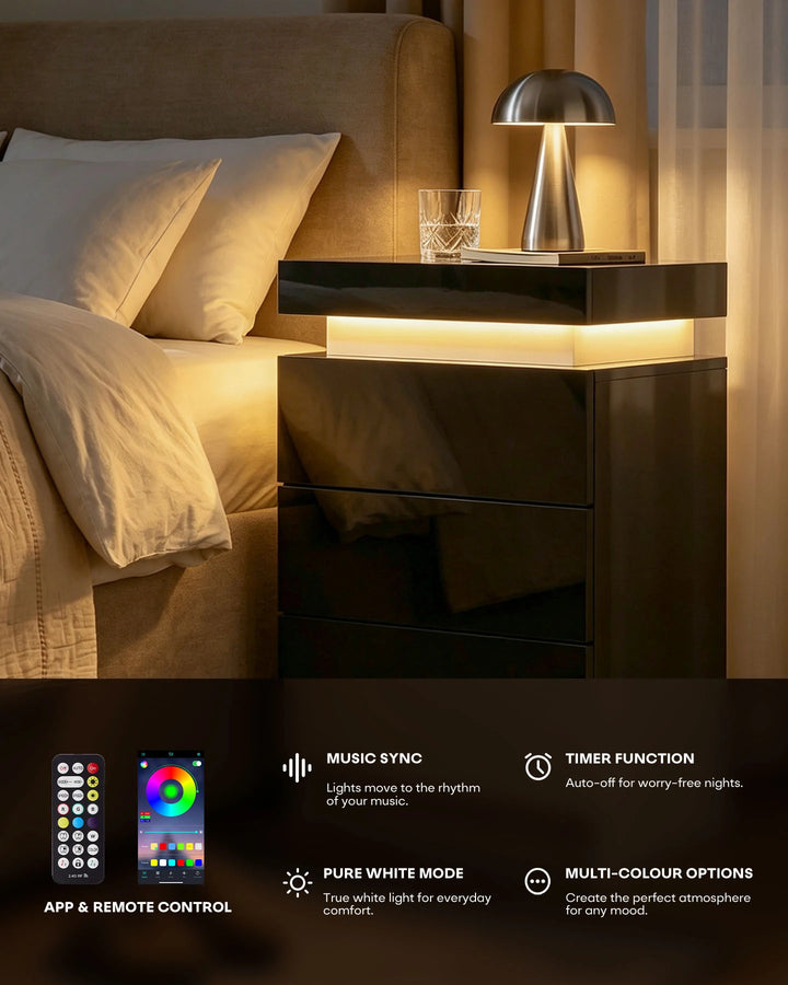 Feature infographic for the black nightstand showing RGB modes and storage options.