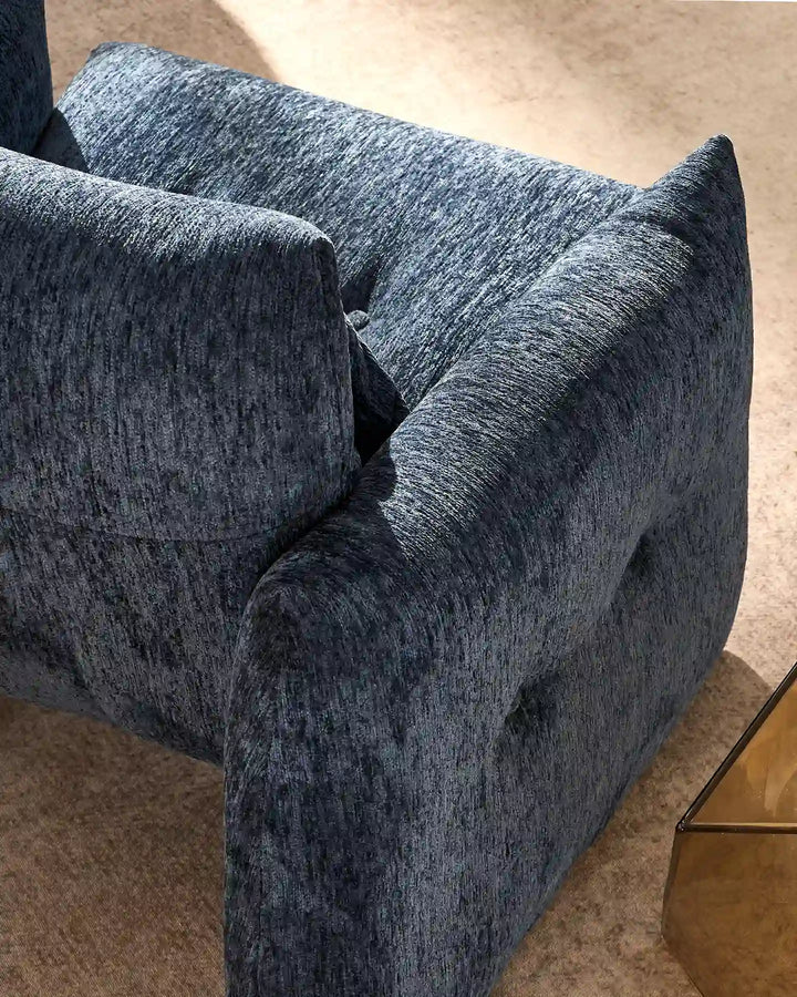 Top view of the Navy Blue Kumo Accent Chair highlighting its spacious seat and textured chenille upholstery