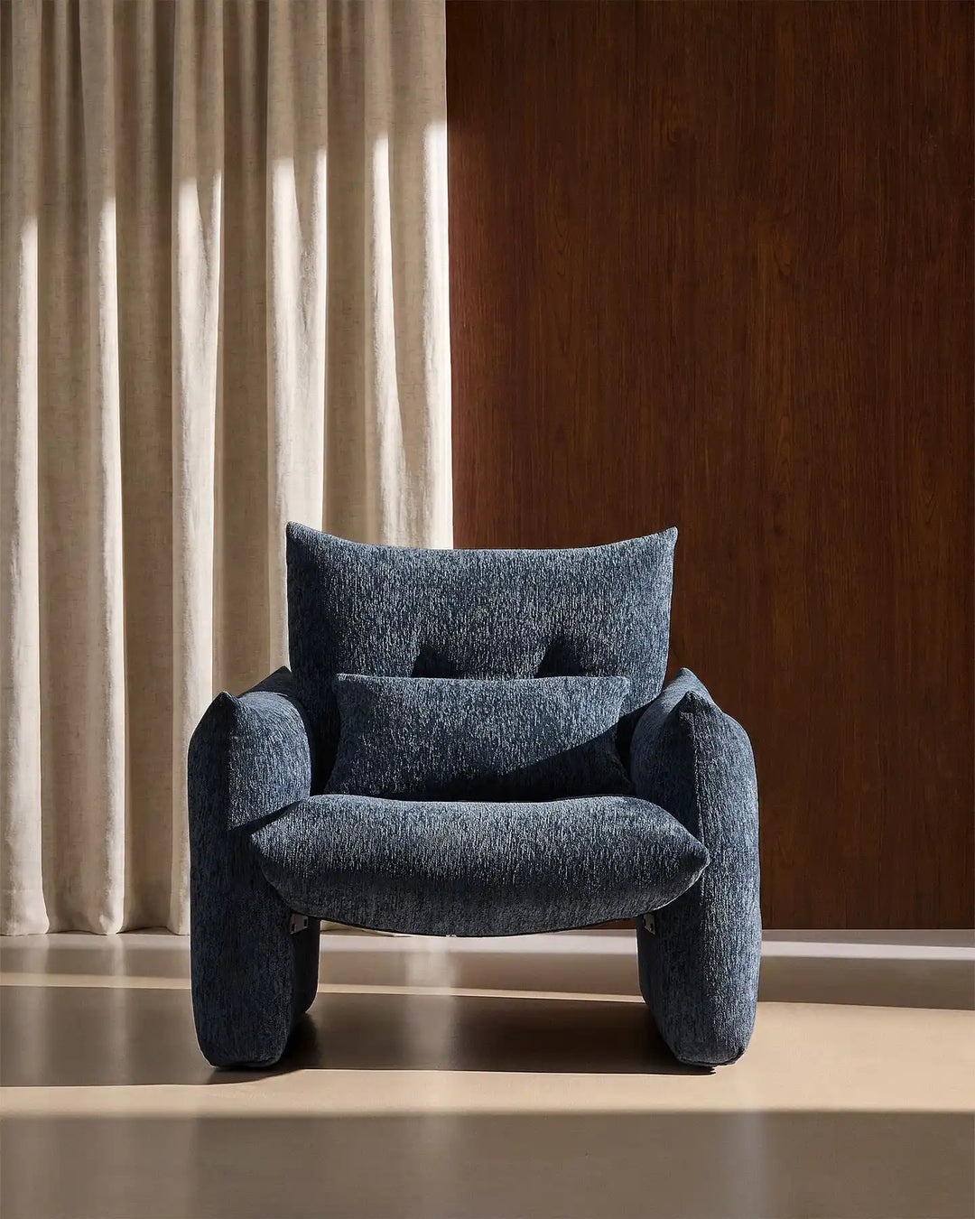Front view of the Navy Blue Kumo Accent Chair with deep cushioning and plush chenille upholstery