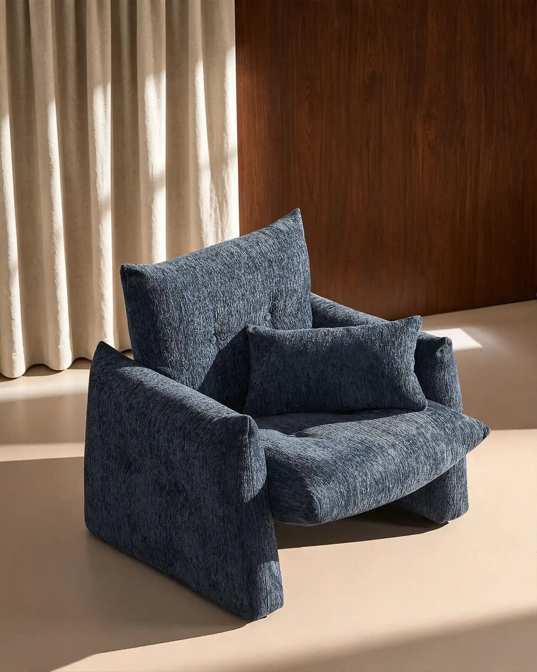 Top view of the Navy Blue Kumo Accent Chair showing its generously padded seat and wraparound arms