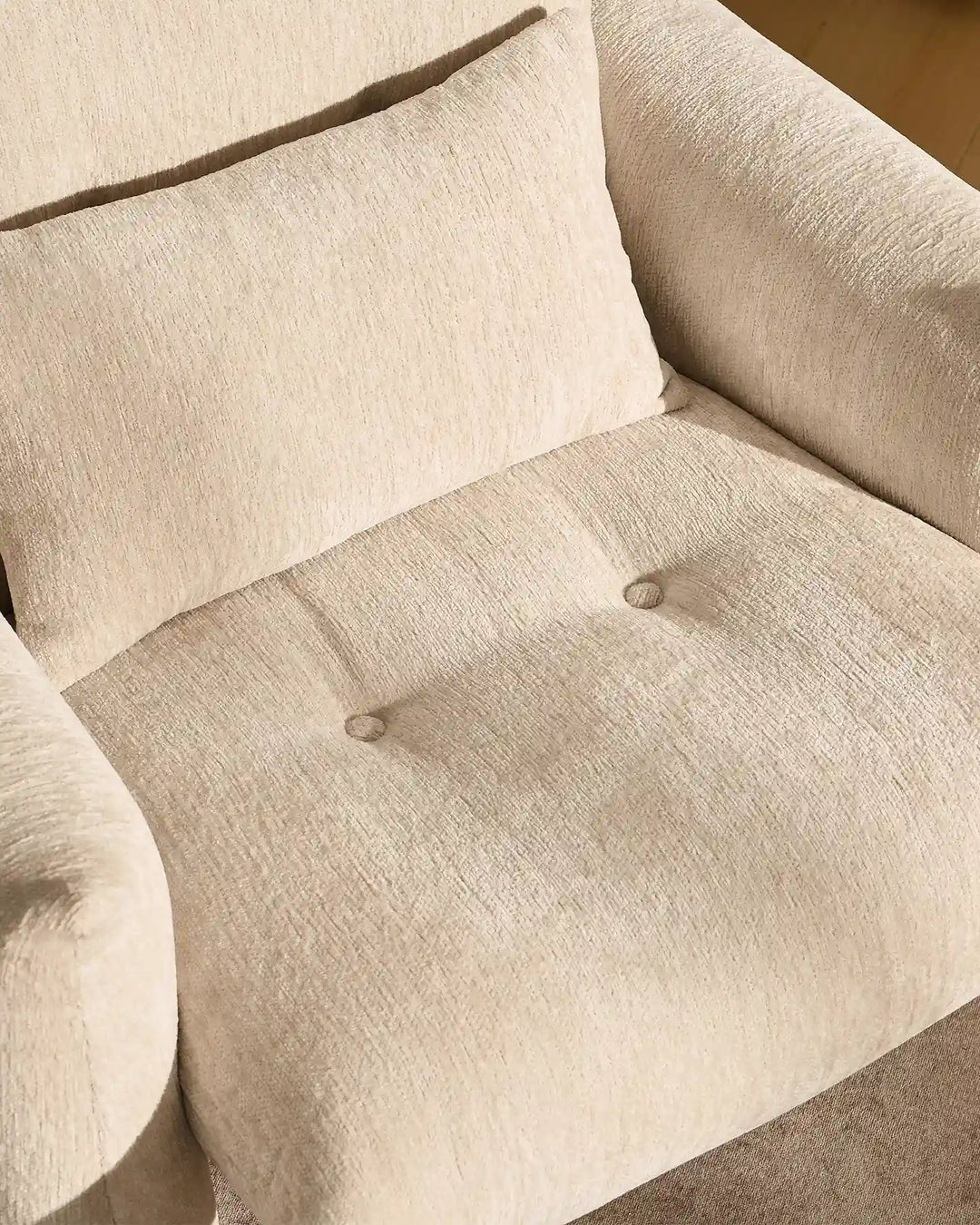 Top view of the cream Kumo Accent Chair showcasing its generously padded seat and textured chenille fabric