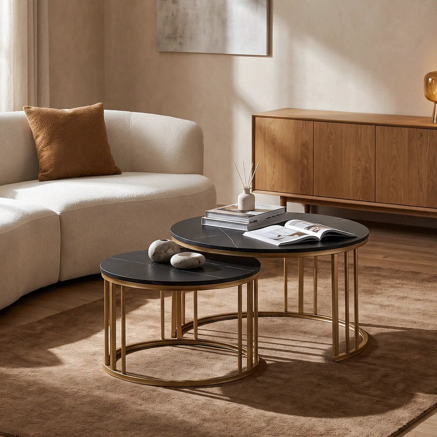 Lepore Marble Nesting Coffee Table Set in a modern living room