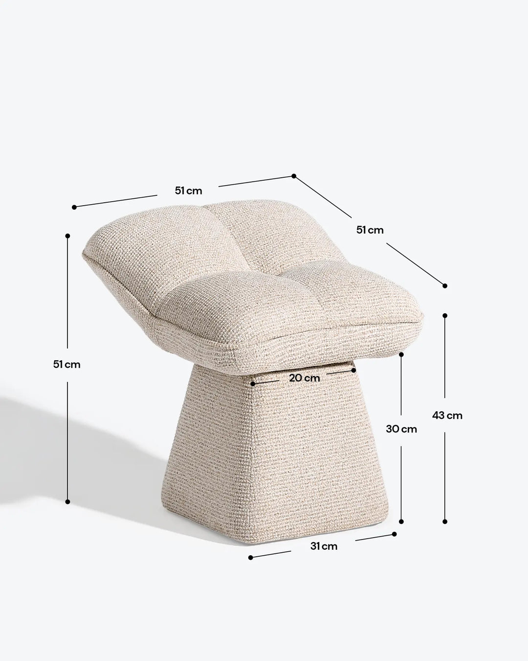 Liora beige swivel vanity stool dimension diagram showing the overall width, depth and height of the upholstered seat and pedestal base