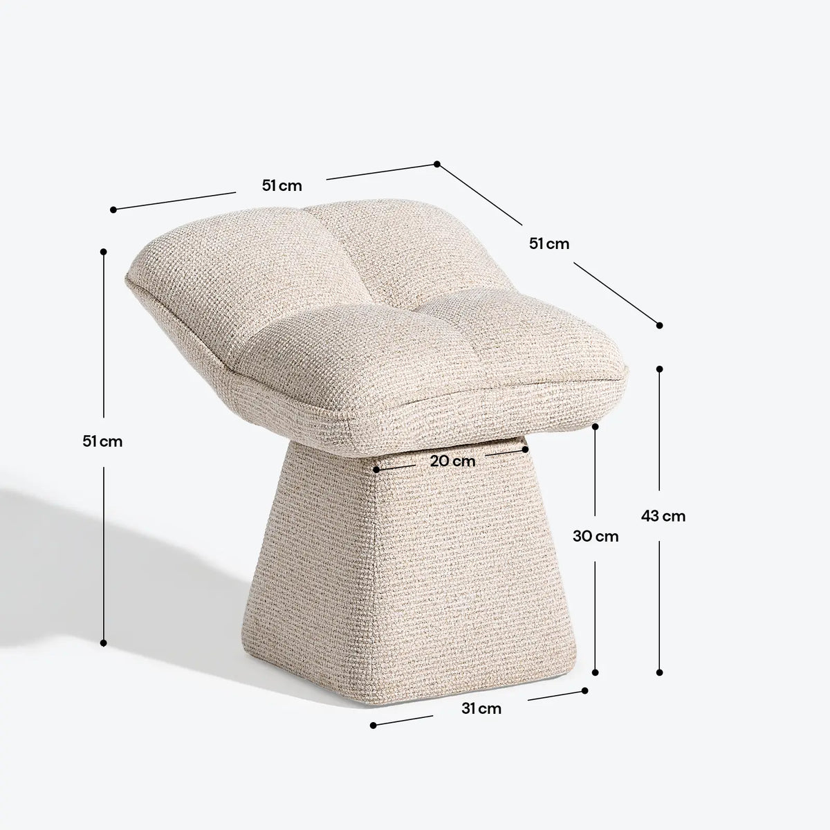 Liora beige swivel vanity stool measurement diagram showing the overall product dimensions and seat height