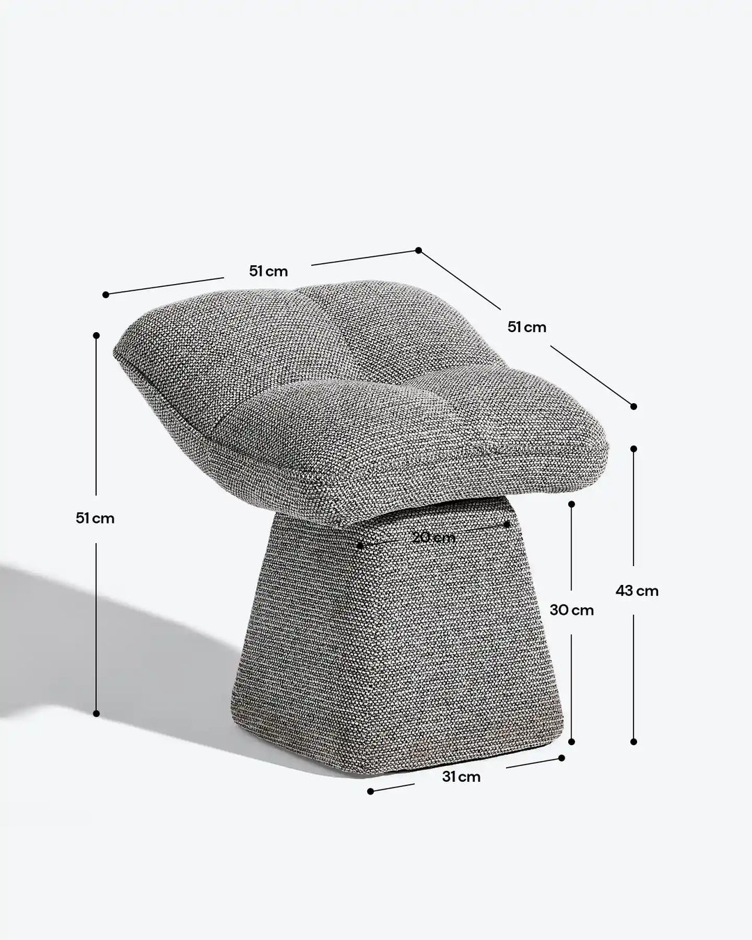 Liora grey swivel vanity stool dimension diagram showing the overall width, depth and height of the upholstered seat and pedestal base