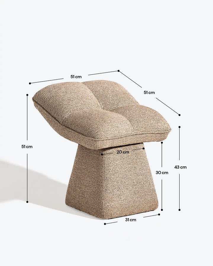 Liora khaki swivel vanity stool dimension diagram showing the overall width, depth and height of the upholstered seat and pedestal base