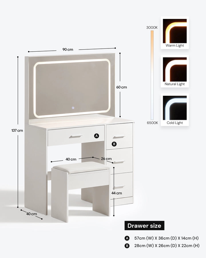 Luna white dressing table set with matching stool and illuminated mirror, accompanied by a product dimensions guide and available mirror light settings.