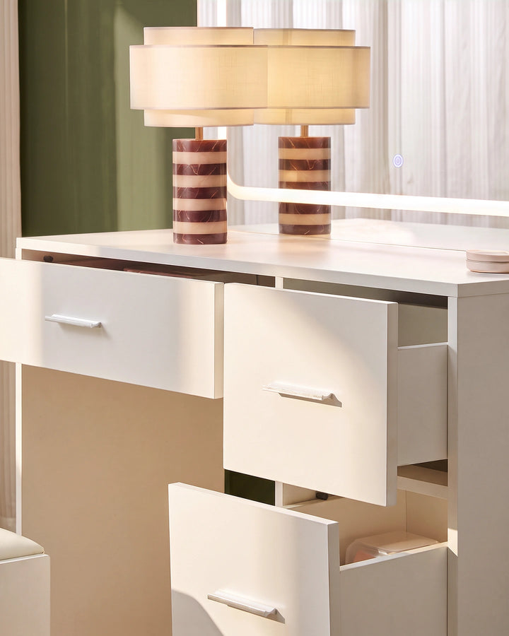 Close-up of the Luna white dressing table drawers, showing the handle details and practical storage space.