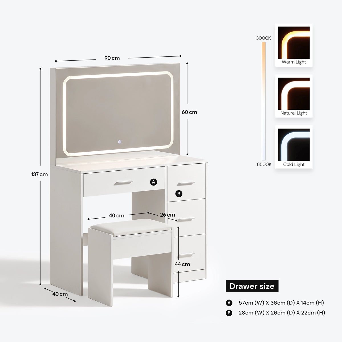 Luna dressing table set with matching stool and illuminated mirror, shown with product dimensions and available mirror lighting options.