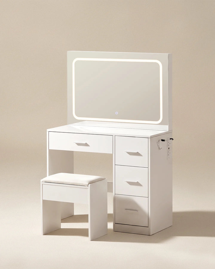 Luna white dressing table with matching white stool, showing the coordinated design and compact proportions.