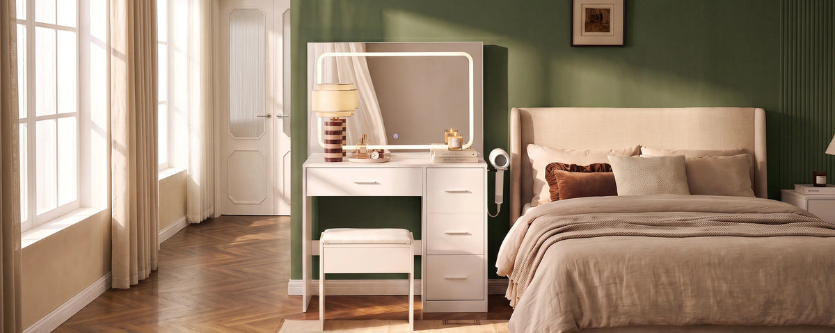 Luna white dressing table set styled in a warm, contemporary bedroom with neutral bedding, natural light and a green accent wall.