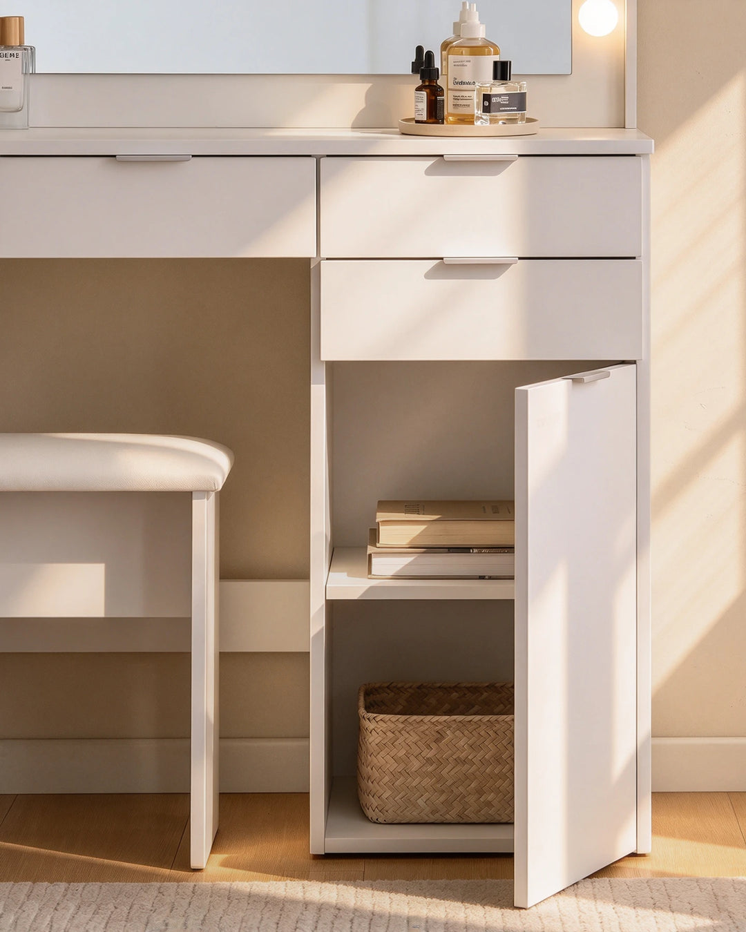 Close-up of the Lunea dressing table drawer unit with multiple drawers and an open lower area for additional bedroom storage.