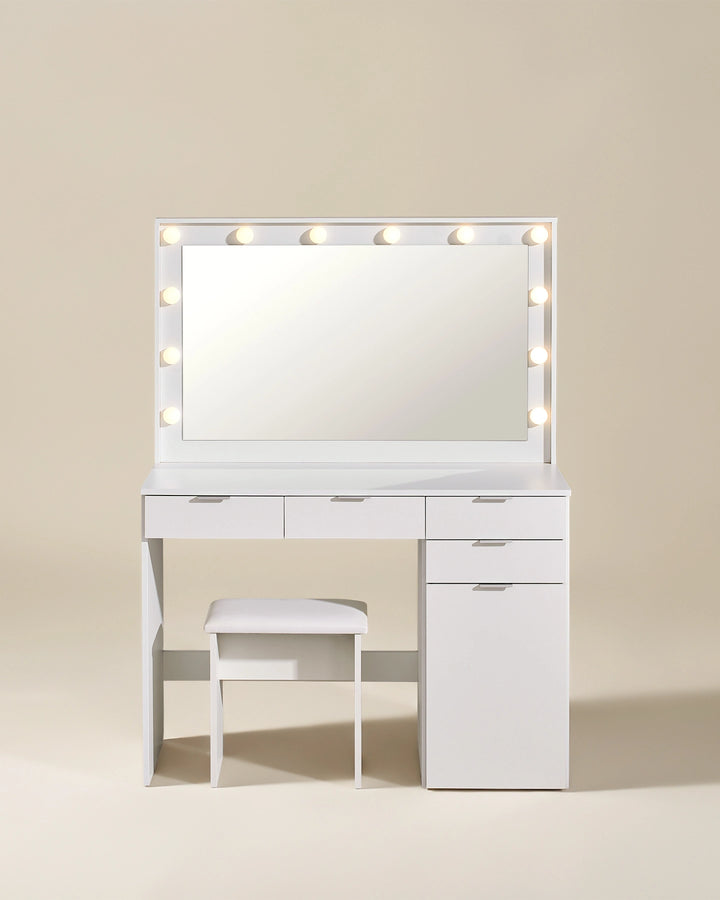 Front view of the Lunea white dressing table with illuminated mirror, spacious tabletop, drawer storage and coordinating vanity stool.